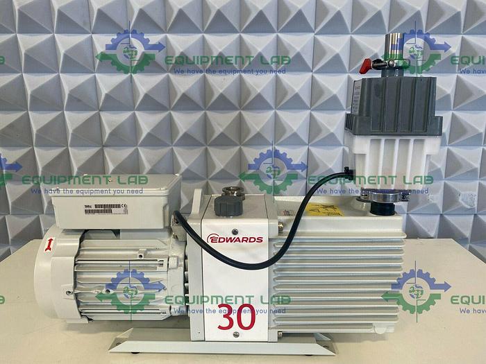 Used Edwards E2M30 Rotary Vacuum Pump 23 CFM w/ EMF20 Oil Mist Filer & 1.2 HP Motor