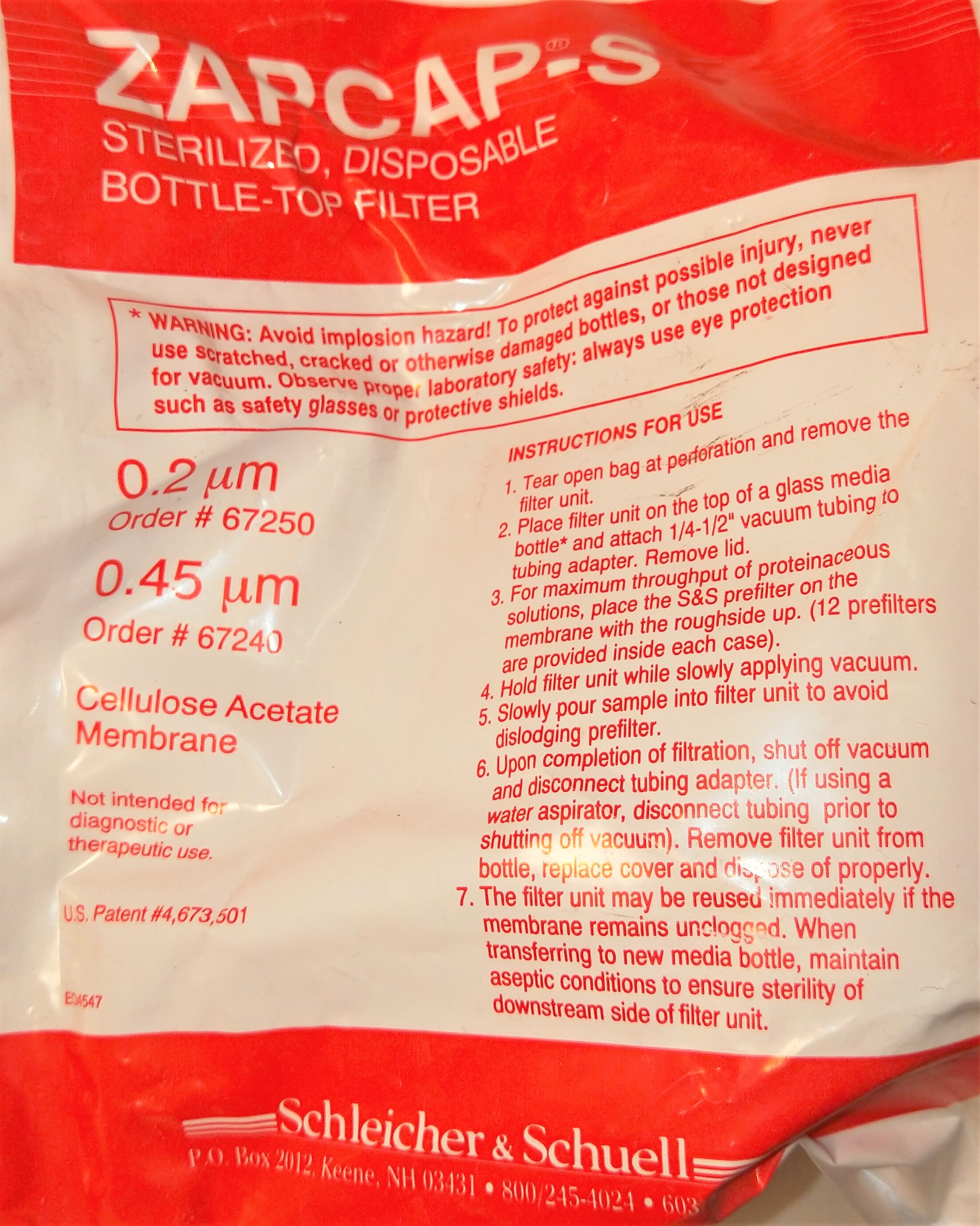 New Schleicher & Schuell Zapcap-S Bottle Top Filter - 0.2µm