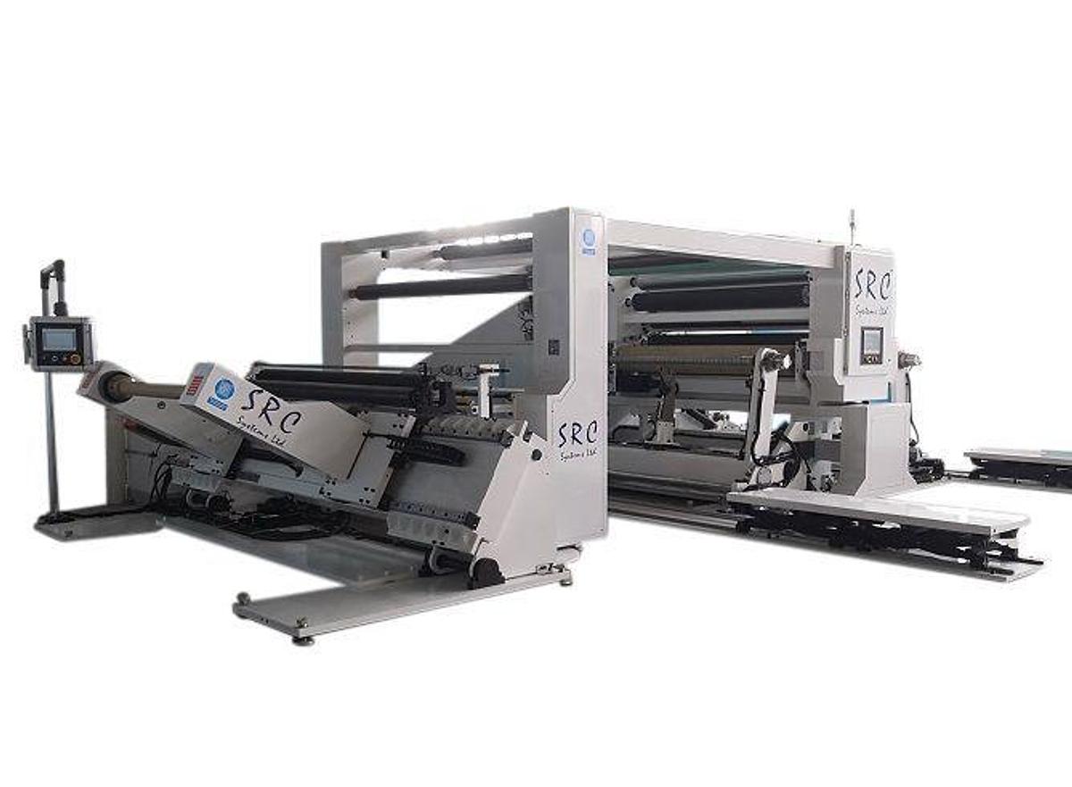 Used 84" WIDE SRC SYSTEMS LTD MODEL 750CS CENTER SURFACE SLITTER WITH UNLOADING