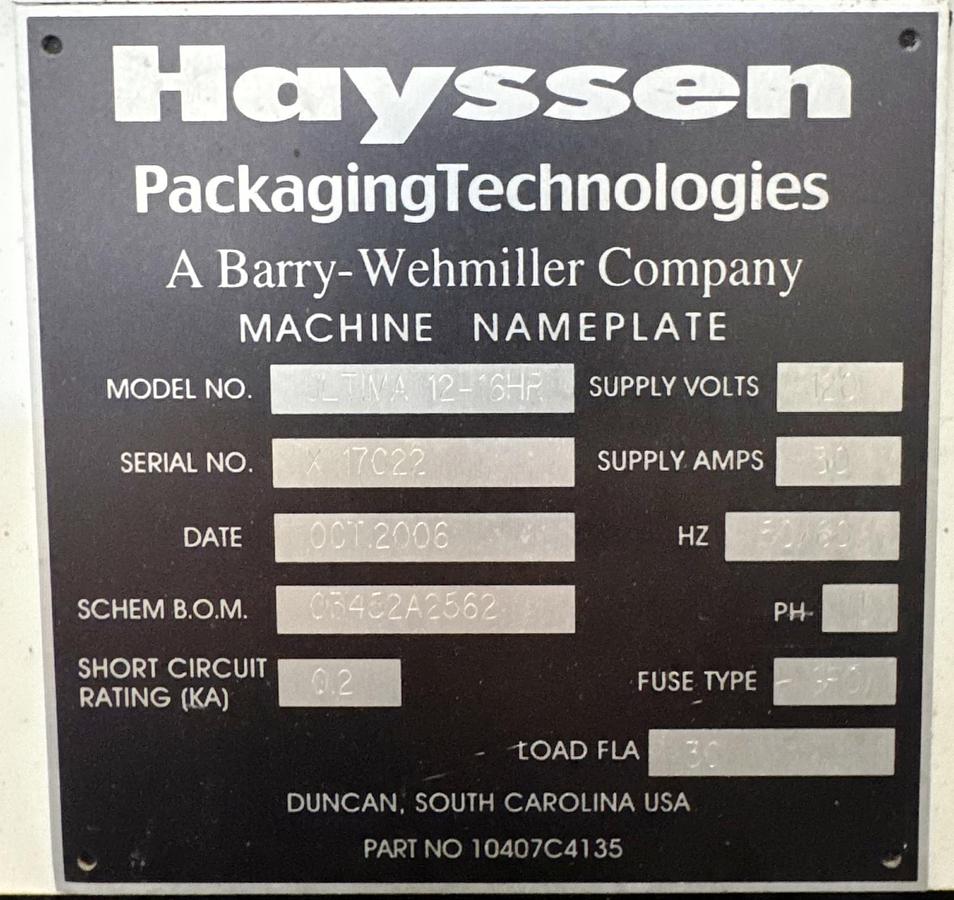 Used Used Hayssen Ultima Vertical Form Fill Sealer Model 1216-HR