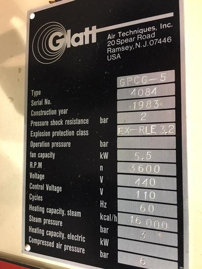 Used Used Glatt Powder Coater, Granulator, Dryers Model GPCG-5