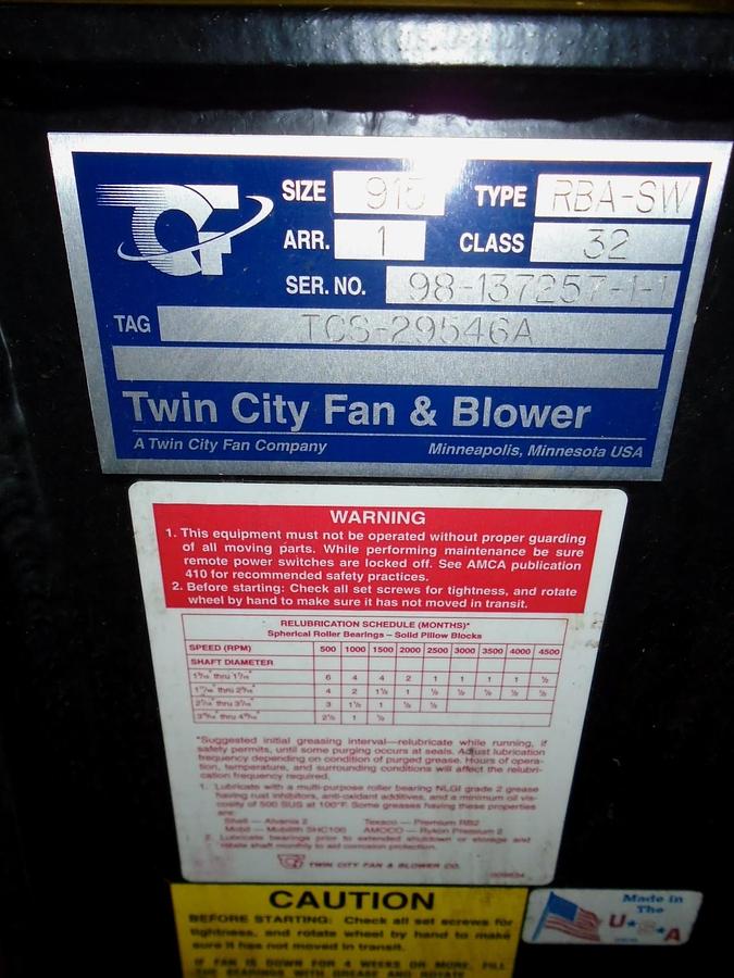 UNUSED TWIN CITY FAN AND BLOWER, TYPE RBA-SW, SIZE 915