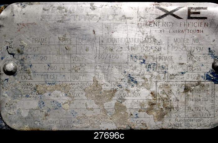 Used Reliance P25G3317M Ac Motor, 20 Hp, 1760 Rpm, 230/460V, 47/23.5 Amps, S.F. 1.15, 256T Frame #27696