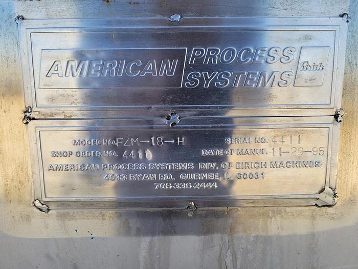 Used 500 LITER AMERICAN PROCESS SYSTEMS FLUIDIZED ZONE MIXER - MODEL FZM-18-H