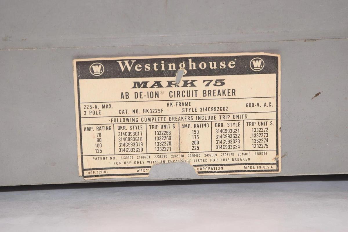 Used WESTINGHOUSE HK3225F 225Amp 3P 600Vac Mark75 AB D-Ion Circuit Breaker