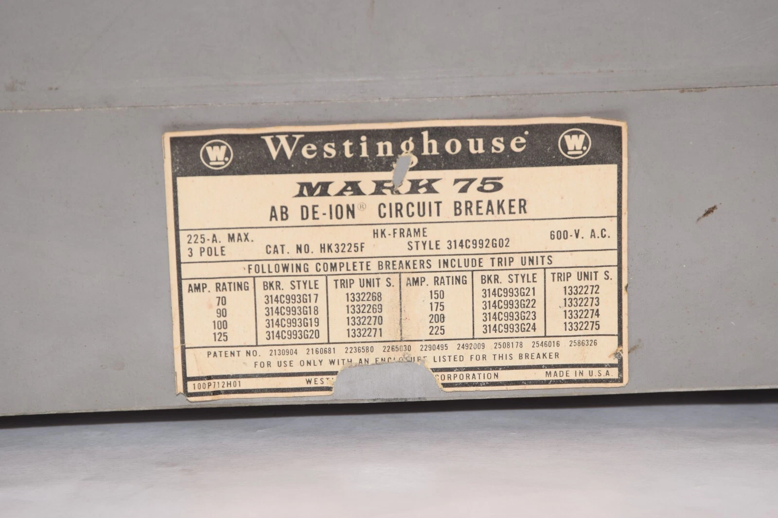 Used WESTINGHOUSE HK3225F 225Amp 3P 600Vac Mark75 AB D-Ion Circuit Breaker