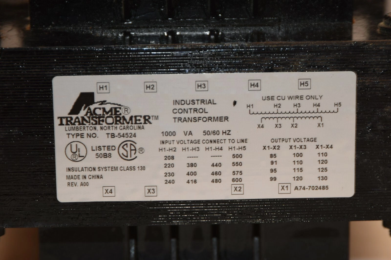 Used ACME TB-54524 TB54524 100Va 50/60Hz Transformer