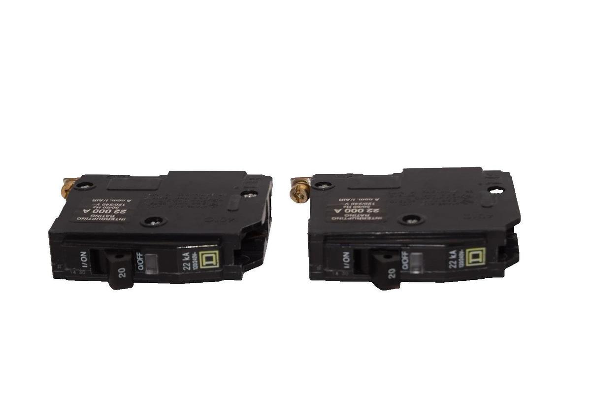Used Square D 20A Circuit Breaker QOB120VH 20 Amp 1P 240V 22KA (Lot of 2)