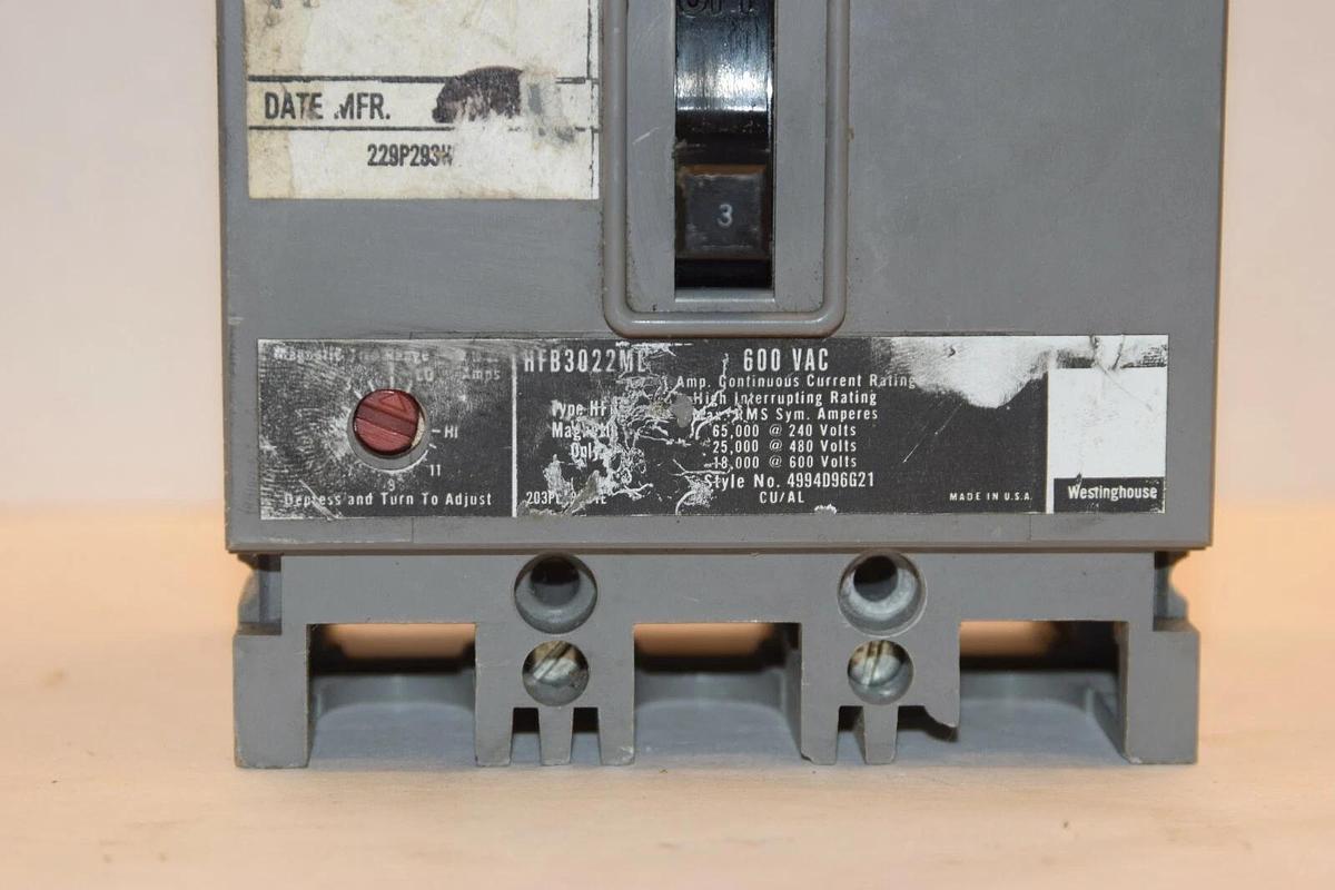 Used Westinghouse HFB3022ML Circuit Breaker 3 Pole 3A 3 Amp A 600Vac