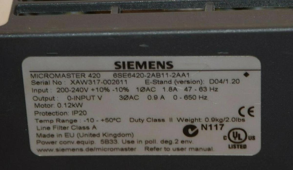 Used SIEMENS 6SE6420-2AB11-2AA1 200-240V 0.12Kw Micromaster 420 AC Drive