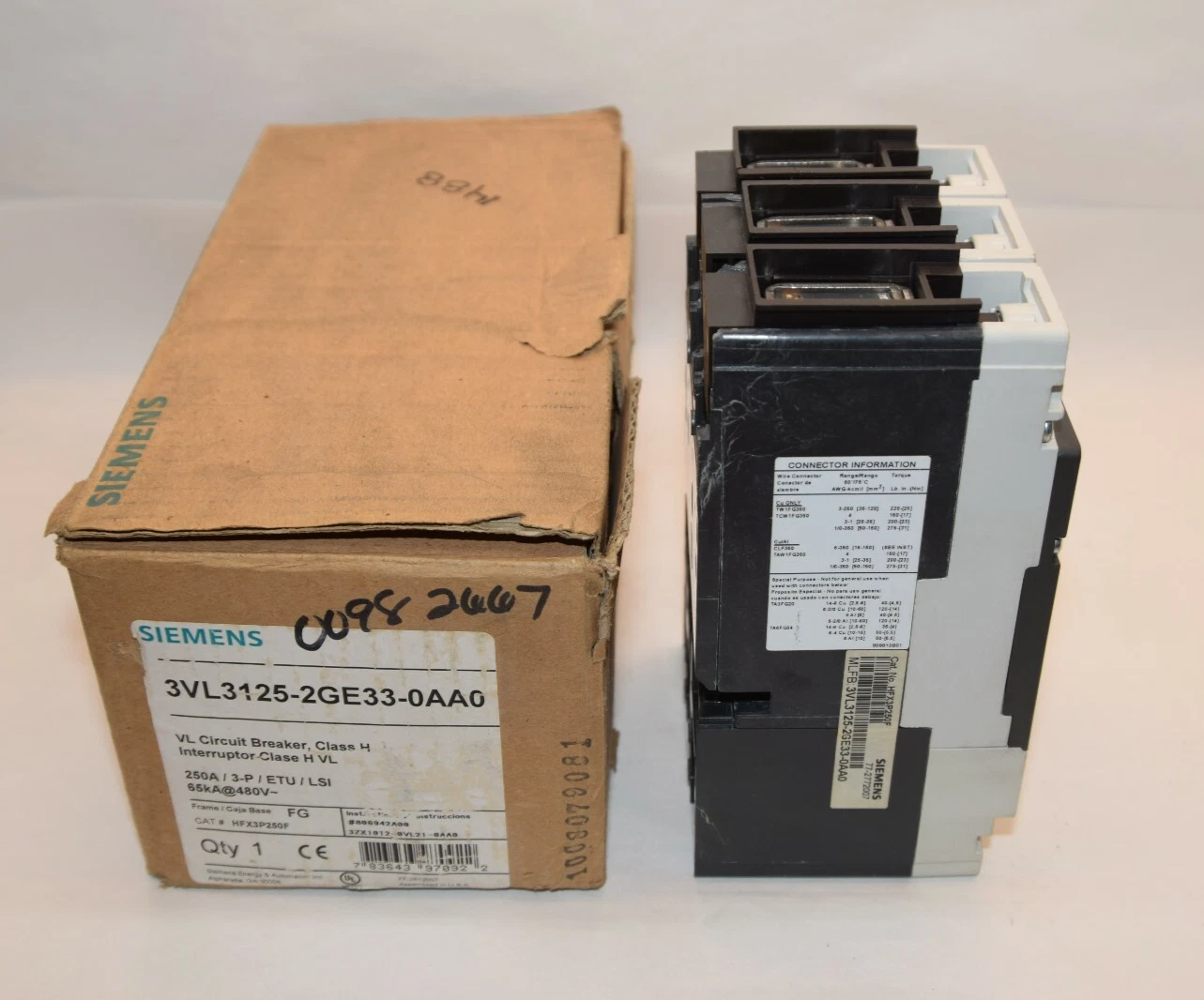 SIEMENS 3VL3125-2GE33-0AA0 CIRCUIT BREAKER 600V 250 Amp 3P HFX3P250 HFGA NEW