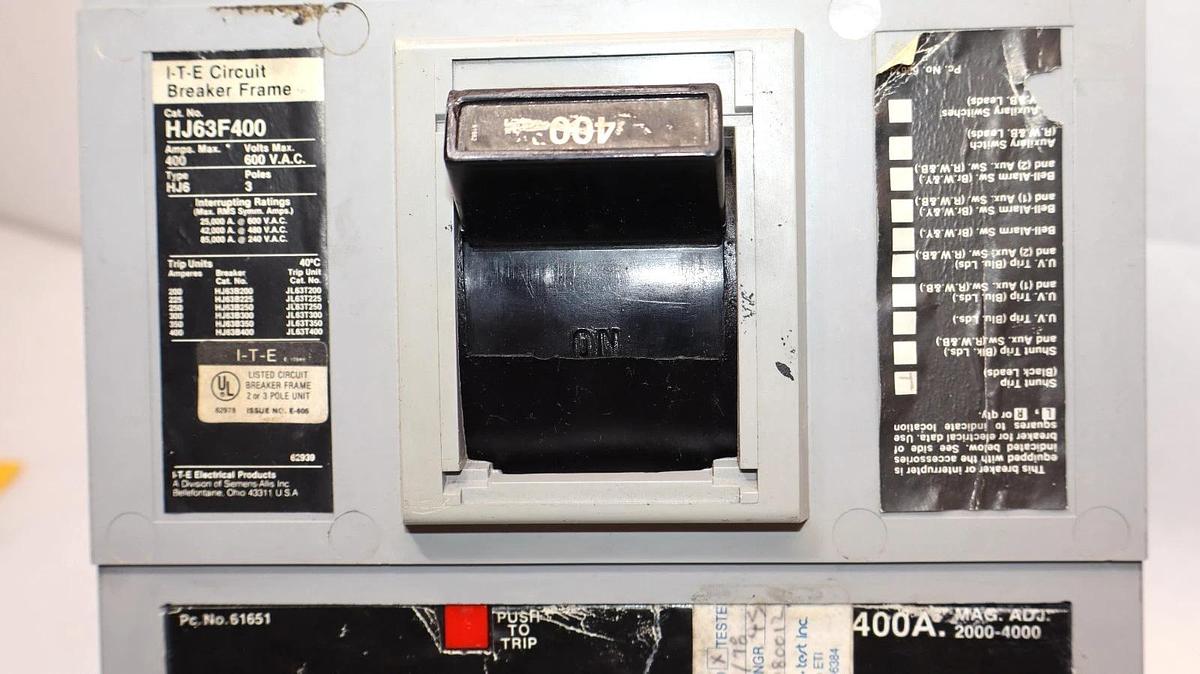 Used ITE HJ63F400 400A 3P Circuit Breaker With S01J60 Shunt Trip