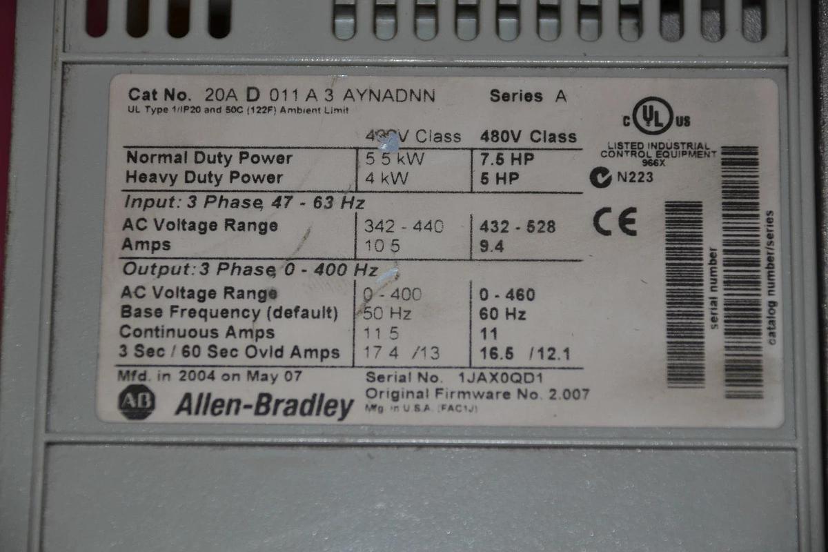 Used ALLEN BRADLEY POWERFLEX 70 AC DRIVE 20A D 011 A 3 AYNADNN  7.5 20AD011A3AYNADNN