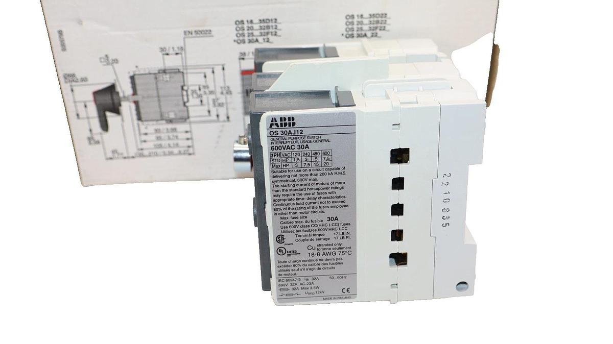 ABB OS 30AJ12 , OS30AJ12 30A 3 Pole General Purpose Fuse Switch (New)