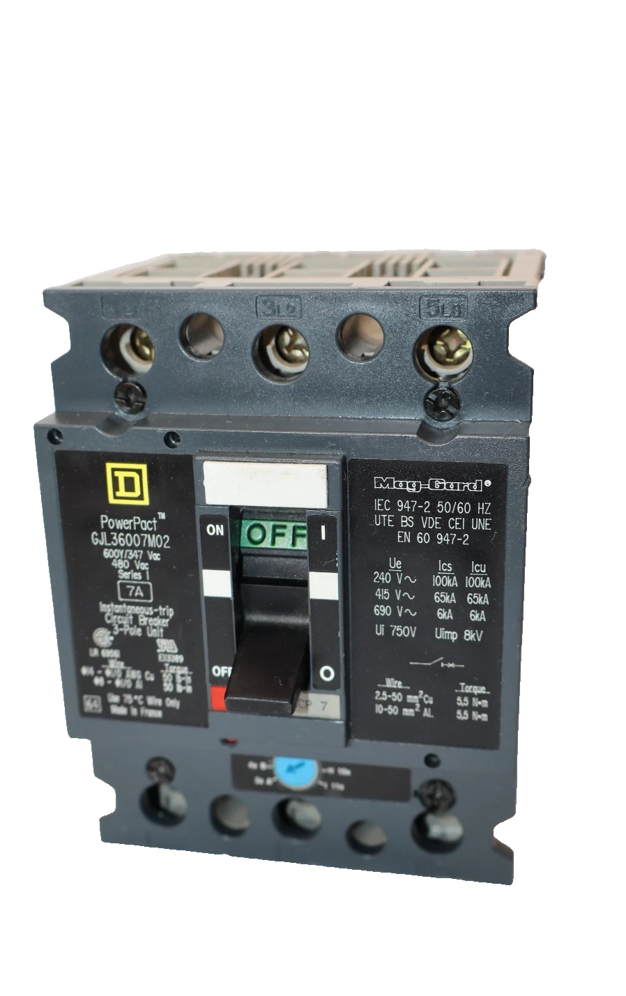 Used Square D Circuit Breaker 7A PowerPact Mag-Gard 7 Amp 3P GJL36007M02