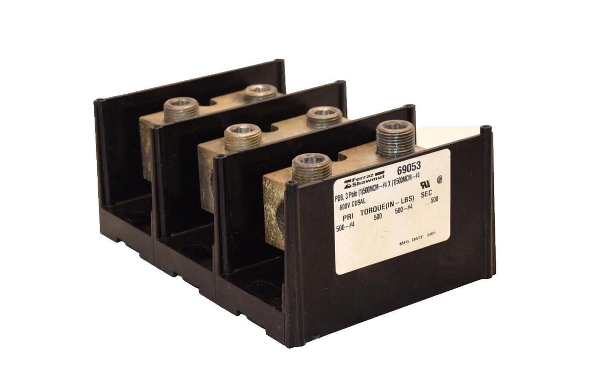 (NEW) FERRAZ SHAWMUT 69053 3Pole 600V CU9AL Distribution Block