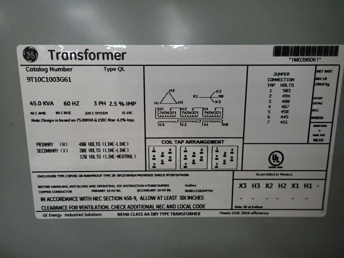 GE 45kva Transformer 9T10C1003G61 480V QL  Pri 480V Sec 208V 120V 45 kva (New)
