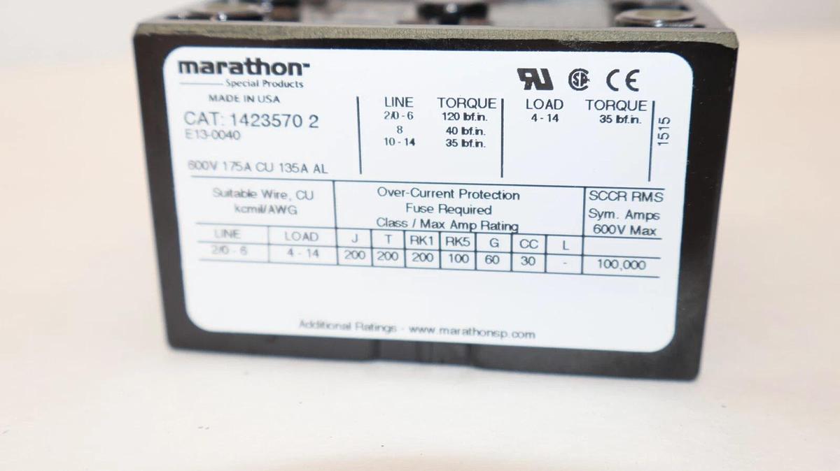 Used MARATHON 14235702 600V 175A 3P Panel Mount Barrier Terminal Block