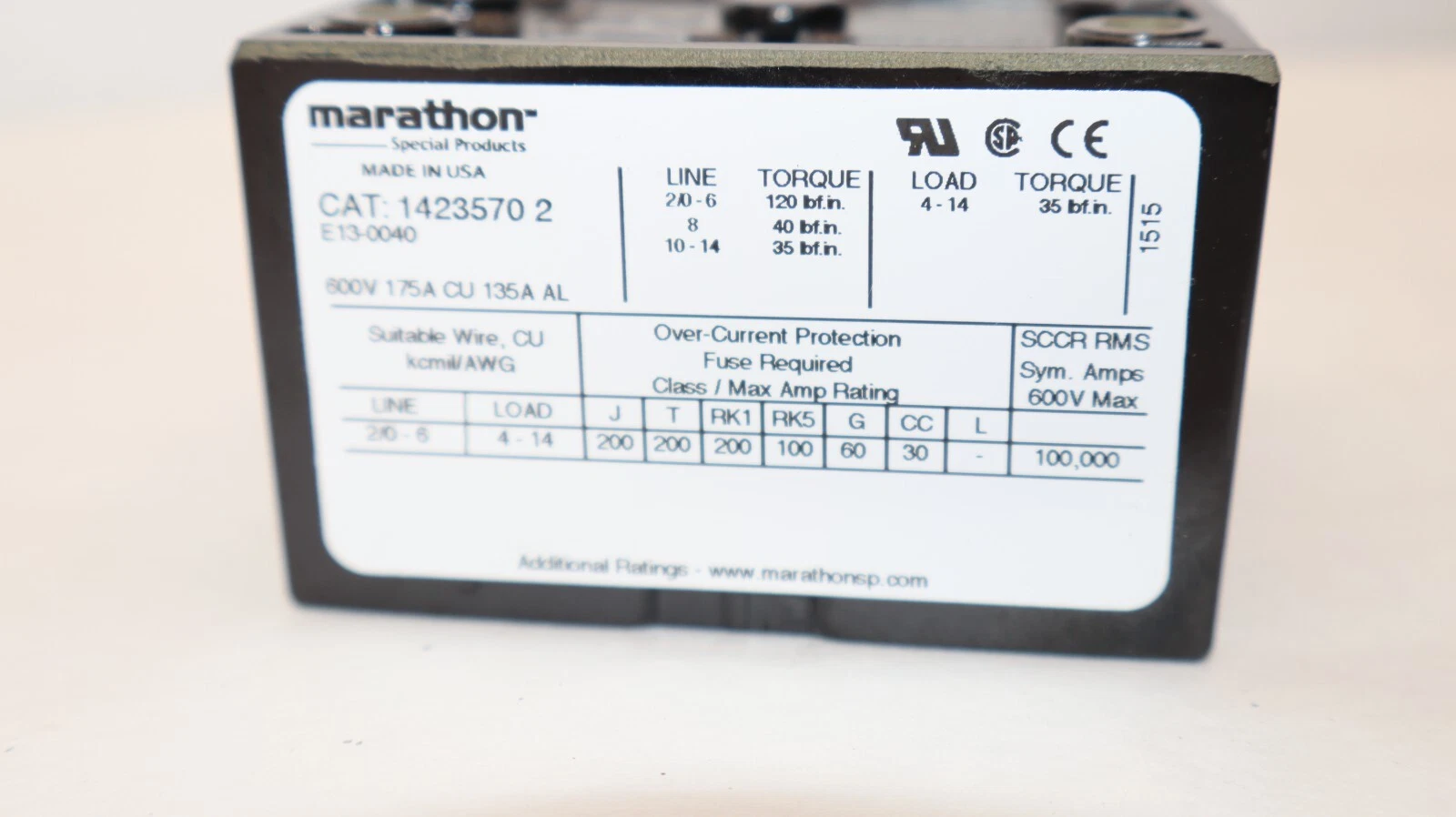 Used MARATHON 14235702 600V 175A 3P Panel Mount Barrier Terminal Block