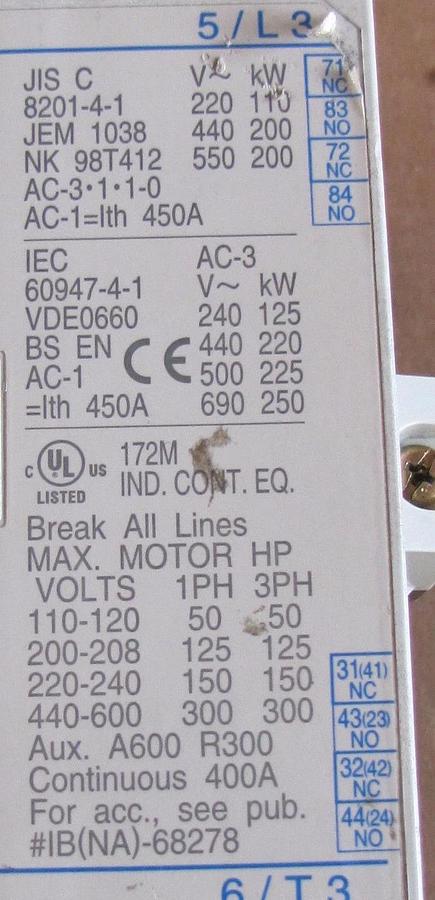 Used MITSUBISHI CONTACTOR S-N400 SN400 BH802Y917H02 260-350V COIL 3P 1PH 3PH 110-600V