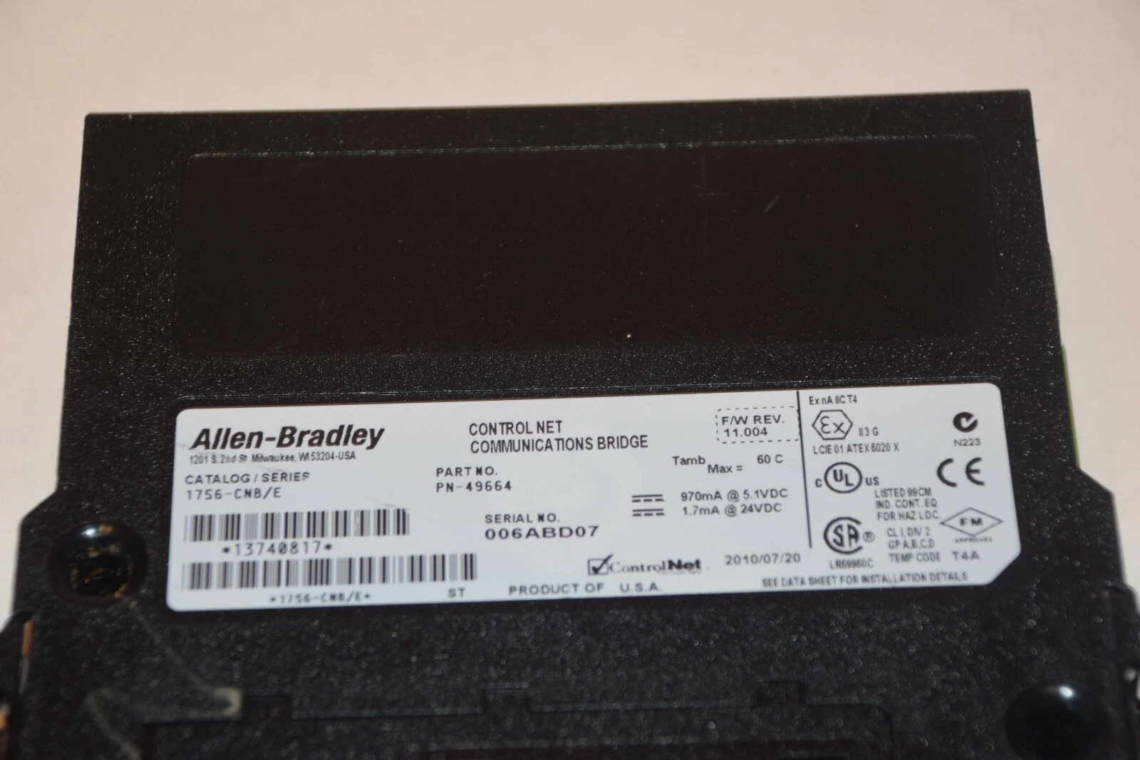 Used Allen Bradley 1756-CNB/E Control Net COMMUNICATION BRIDGE
