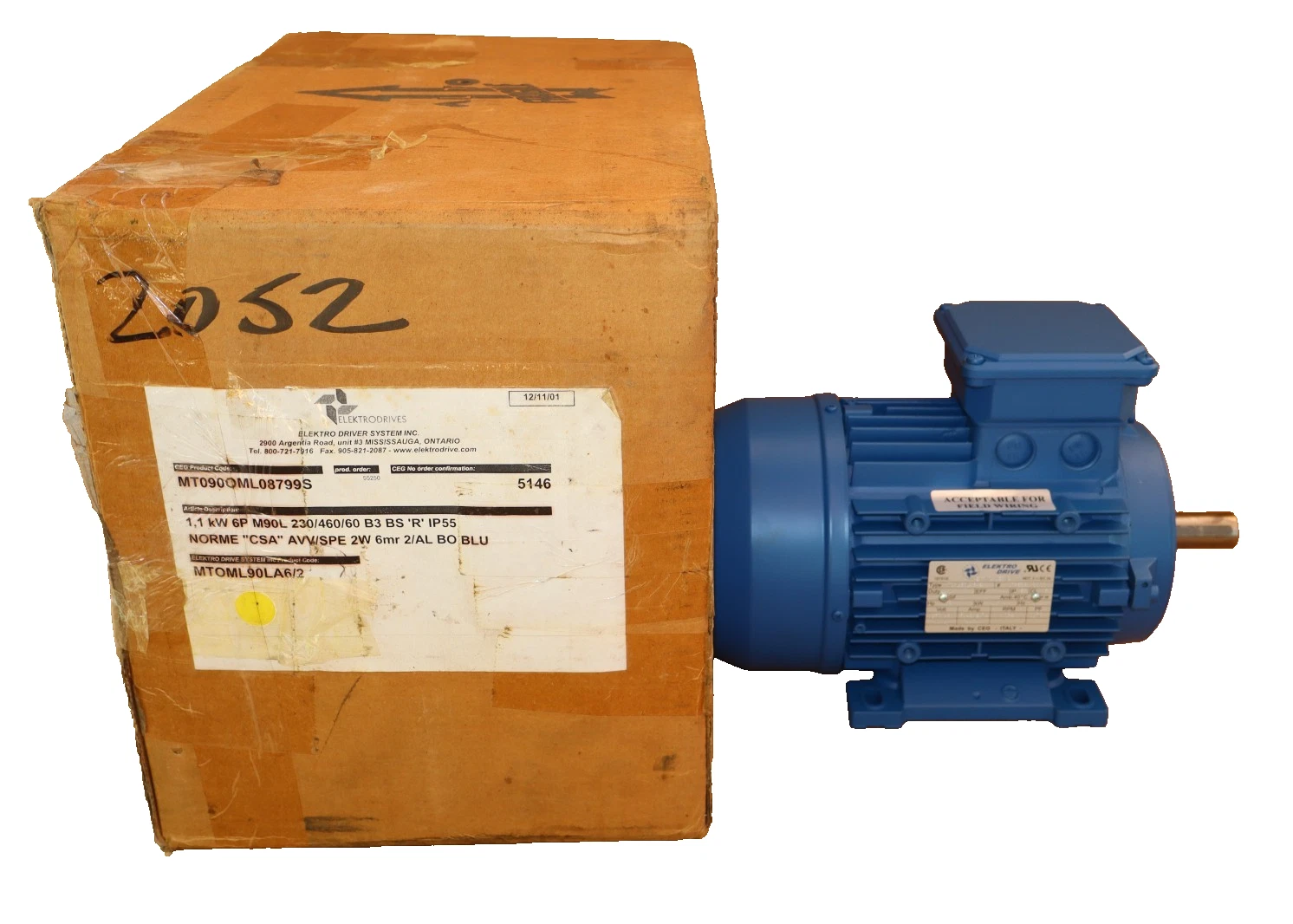 Elektro Drive Motor MT0ML90LA6/2 MT090OML08799S 6P 1.1kW 1.5hp 230/460v (New)