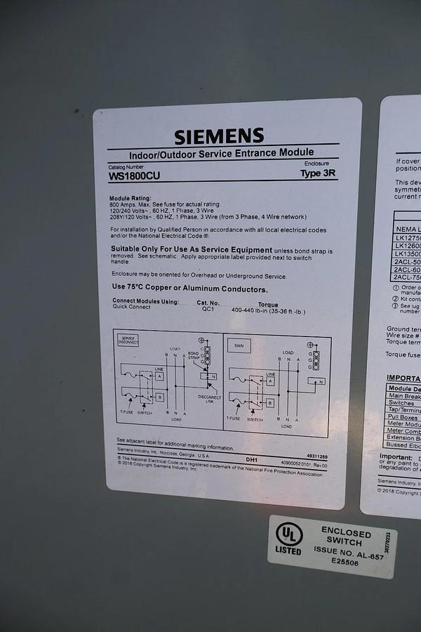 Used Siemens Power Mod 800A Modular Metering System WS1800CU Switch Module 1ph 240v