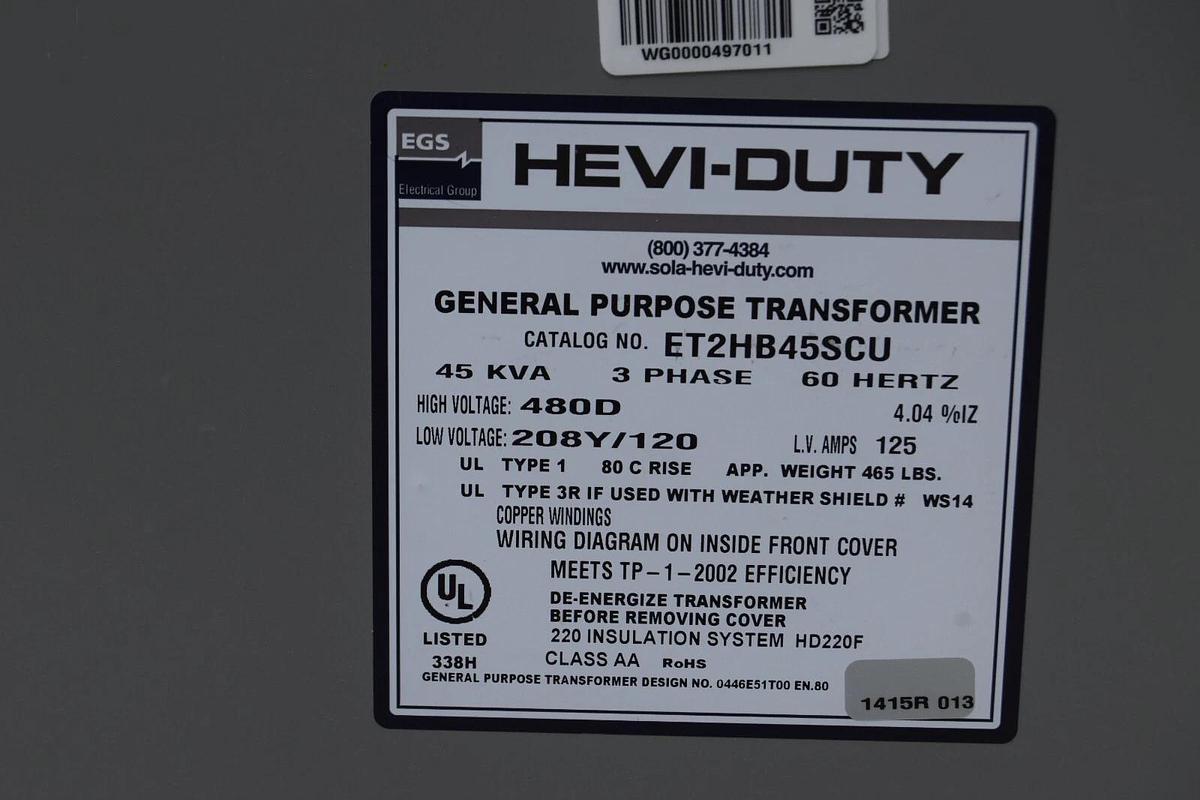 Used EGS Hevi-Duty HeviDuty Gen Purp Transformer ET2HB45SCU 45kva 3ph 480D 208y/120