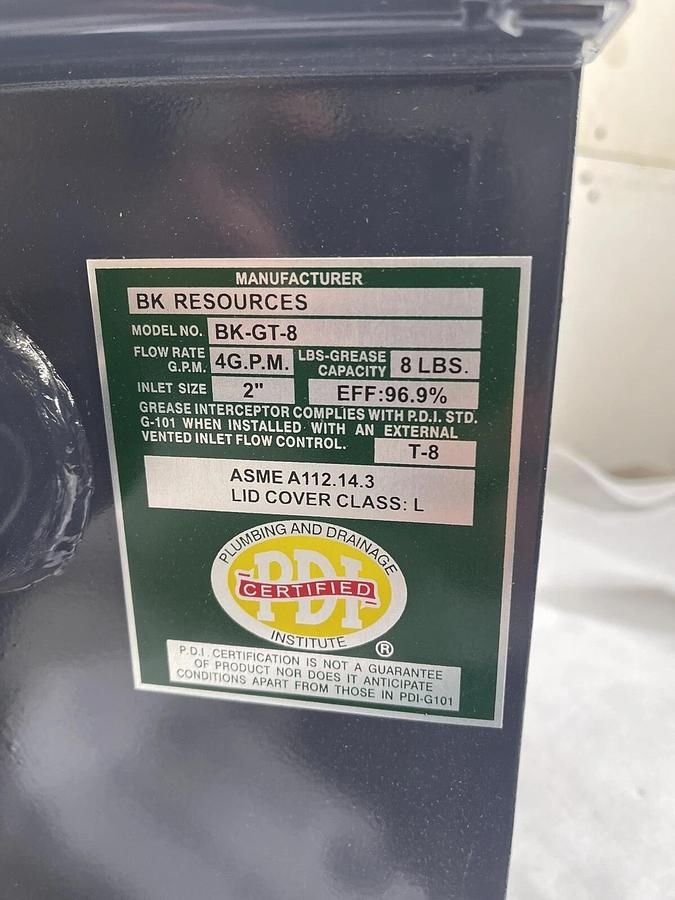 John Boos GT-8 Grease Trap Interceptor 8 lbs Oil Grease Cap. 4 GPM Flow PDI Cert