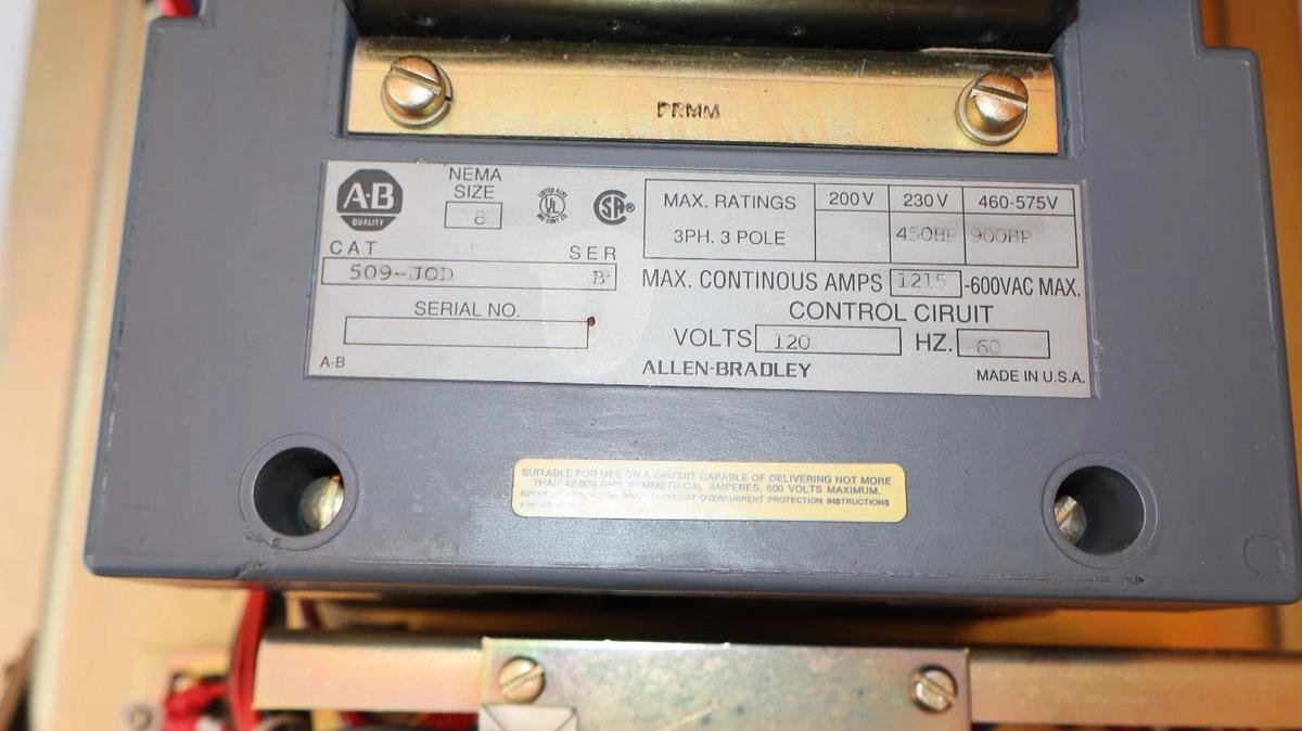 Allen Bradley Contactor Size Sz 8 509-JOD 509JOD B 3ph 3p 120v con. (take-out)