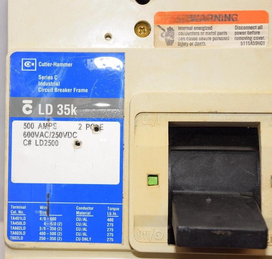 Used Cutler Hammer Breaker LD2500 LD 35k 500Amp 500 Amp A 2 Pole 600v/250v w/ LT2500T