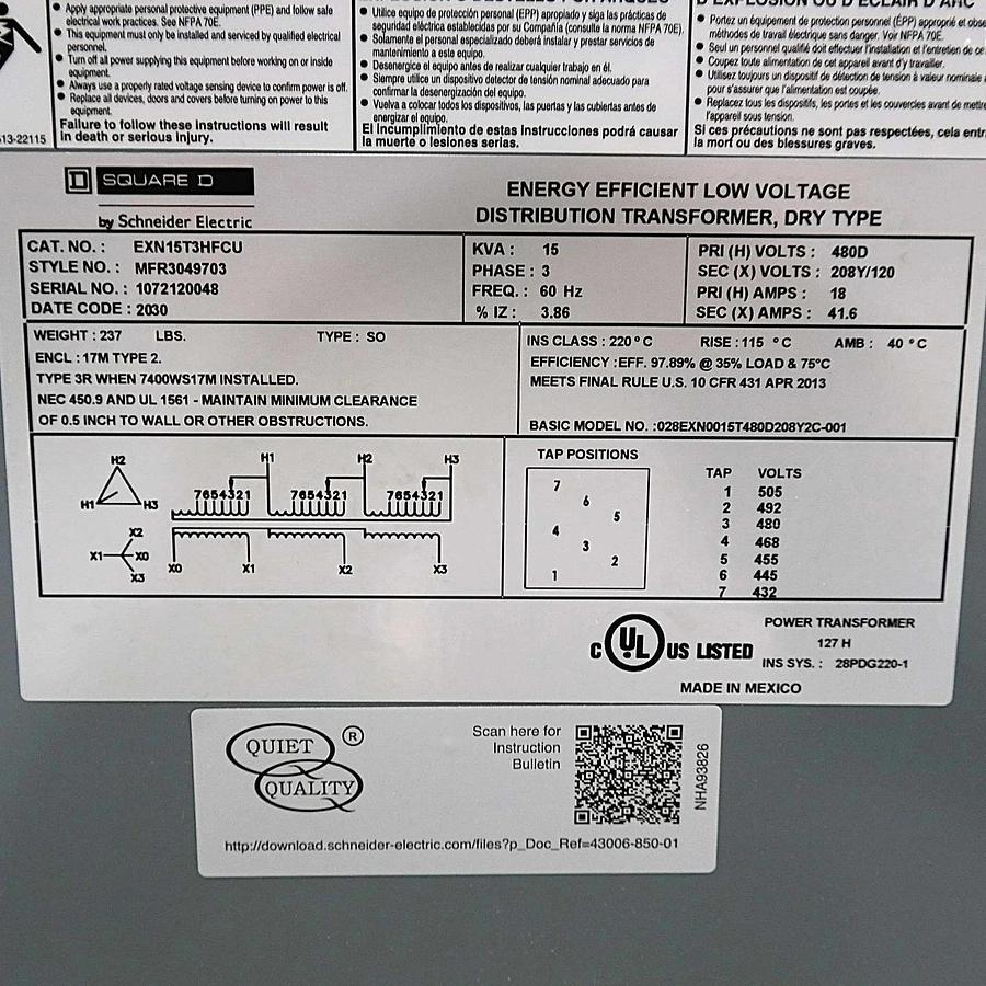 Square D Schneider 15kva Transformer EXN15T3HFCU 3ph 480v 208Y/120V 15 kva NEW