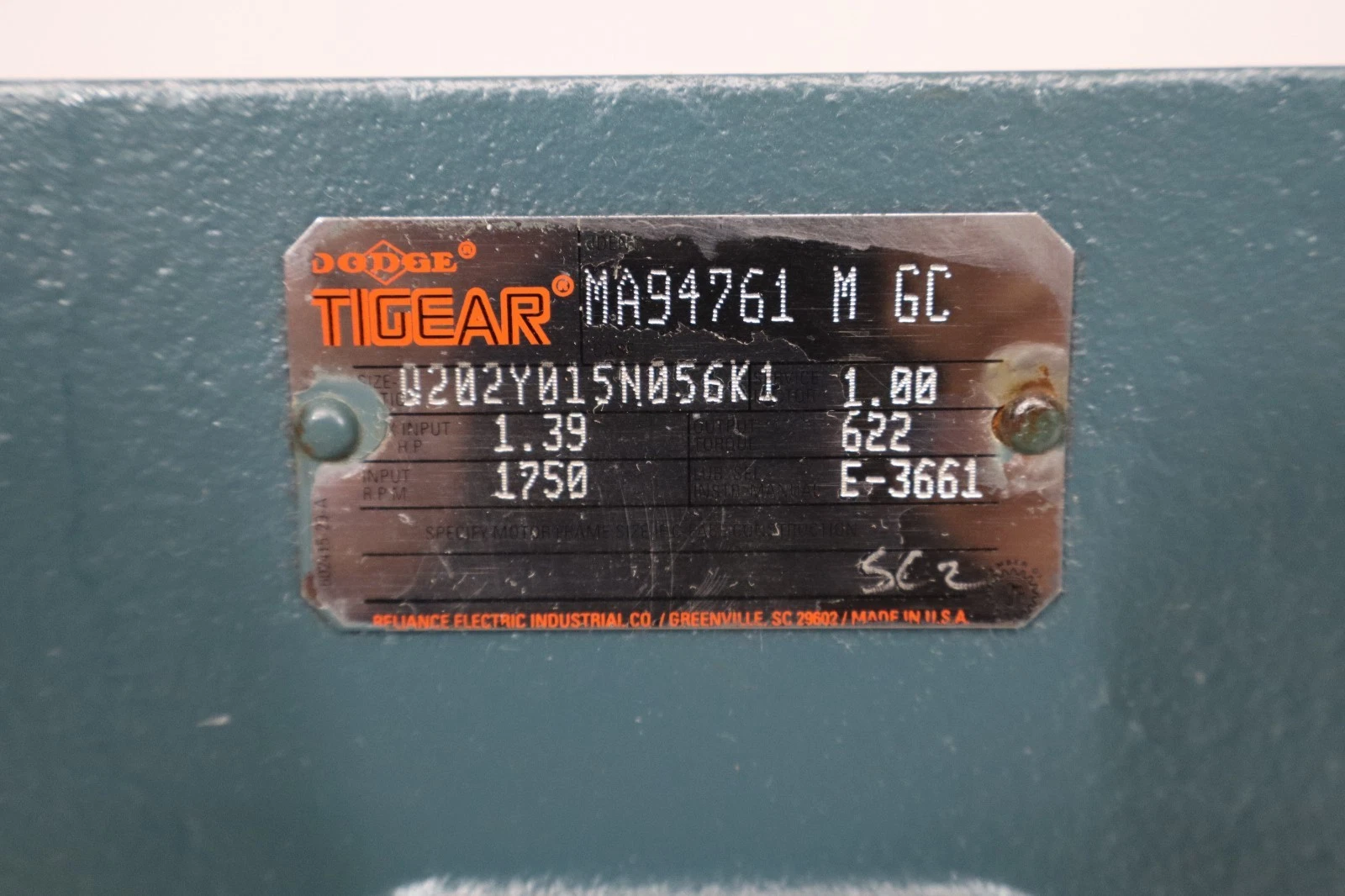 Refurbished Dodge Tigear Gear Box Speed Reducer Q202Y015N056K1 1.39Hp 1750rpm 1" Shaft SF 1