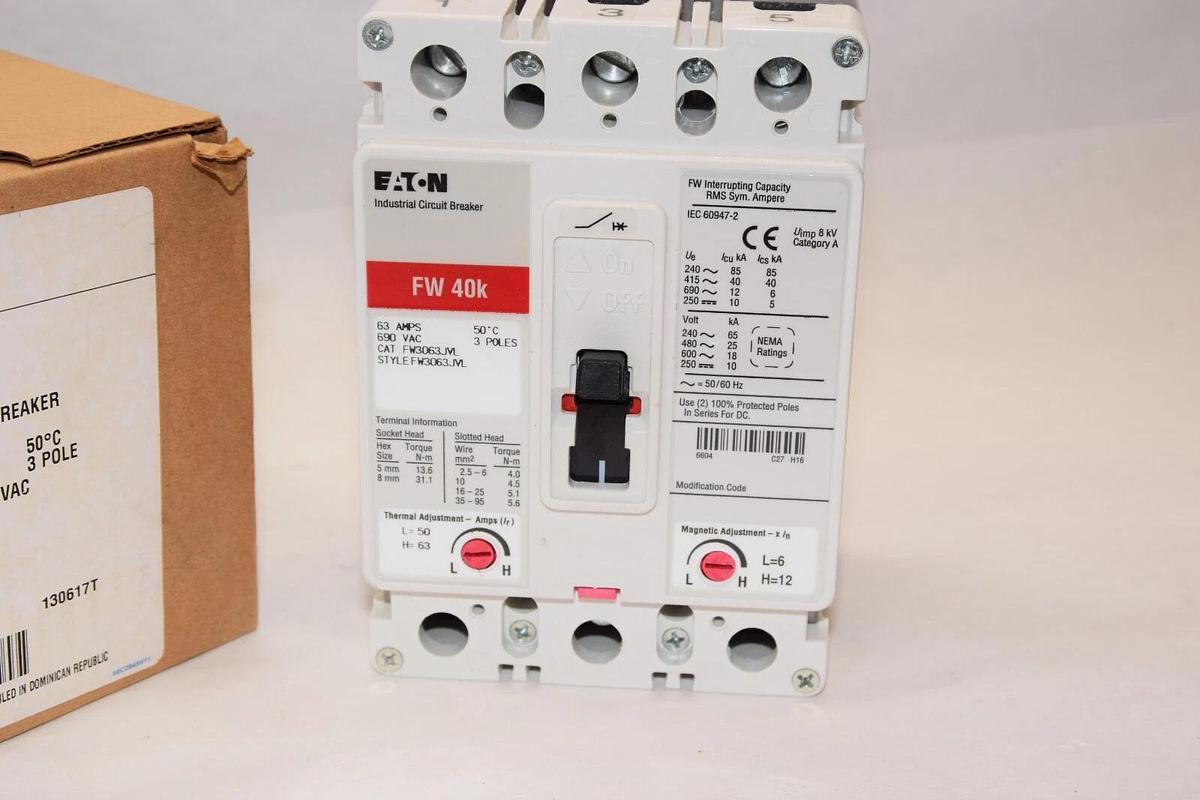 Used Eaton FW3063JVL 63 Amp Ser, C Industrial Circuit Breaker 63A, 690VAC (New)
