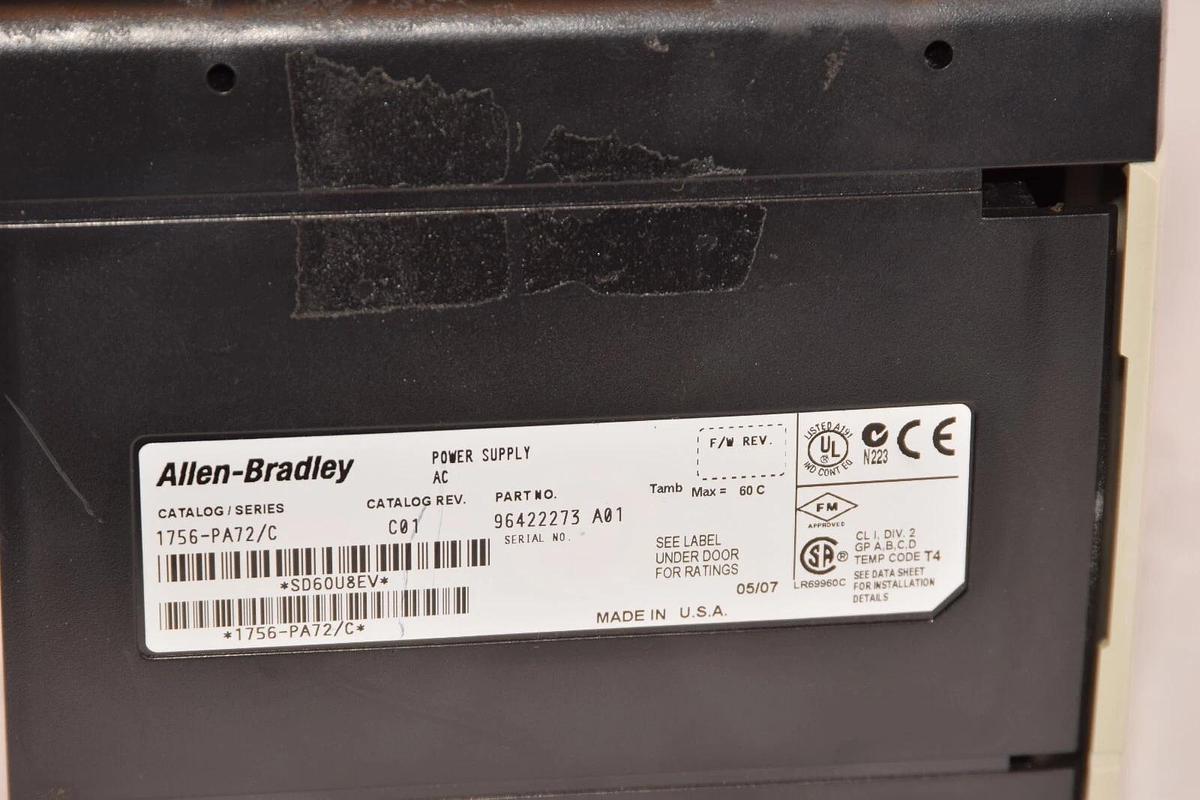 Used ALLEN BRADLEY 1756-A13 Ser. B 13 Slot Chassis W/1756-PA72 C Rev C01 Power Supply
