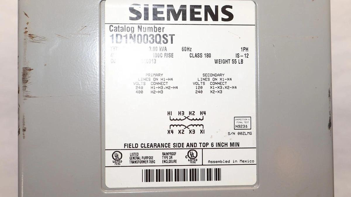 Used SIEMENS 1D1N003QST Type QB 1PH 3.00kVA 3kva 3 KVA 60Hz Processor Transformer