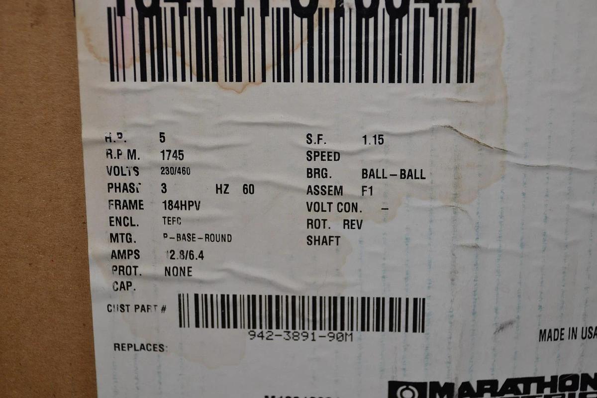 Used Marathon Motor 5hp  FVJ184TTFS16044AAL  942-3891-90M  230/460v 3ph 5hp 1745rpm