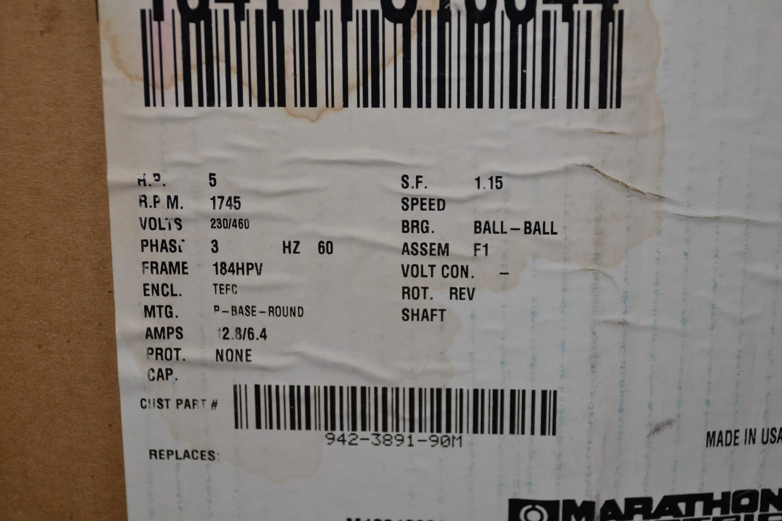 Used Marathon Motor 5hp FVJ184TTFS16044AAL 942-3891-90M 230/460v 3ph 5hp 1745rpm