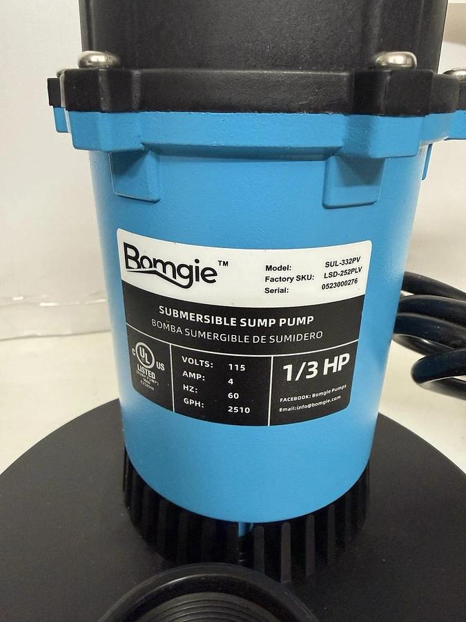 BOMGIE 1/3HP Sump Pump Submersible Vertical Float Switch SUL-332PV 115v 2510gph