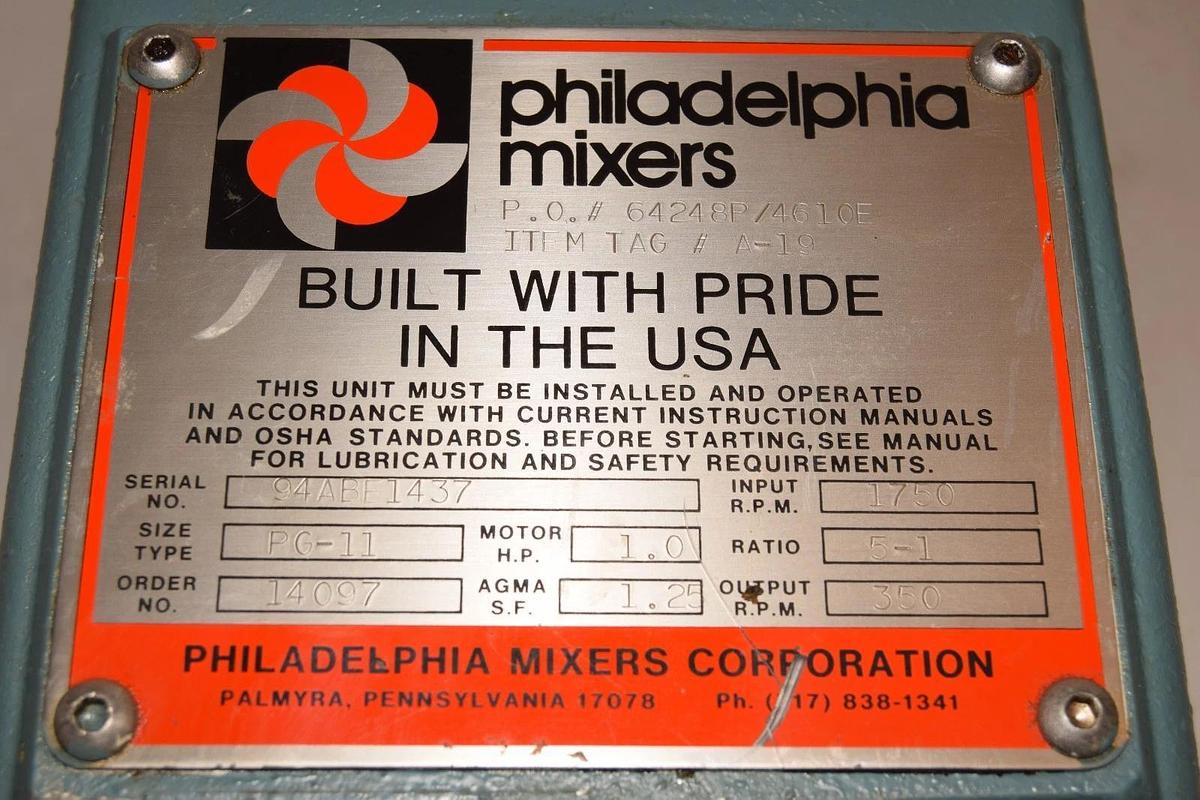 Philadelphia Portable Mixer Tank Agitator PG-11 1hp 3ph 350rpm Lightnin *NOS*