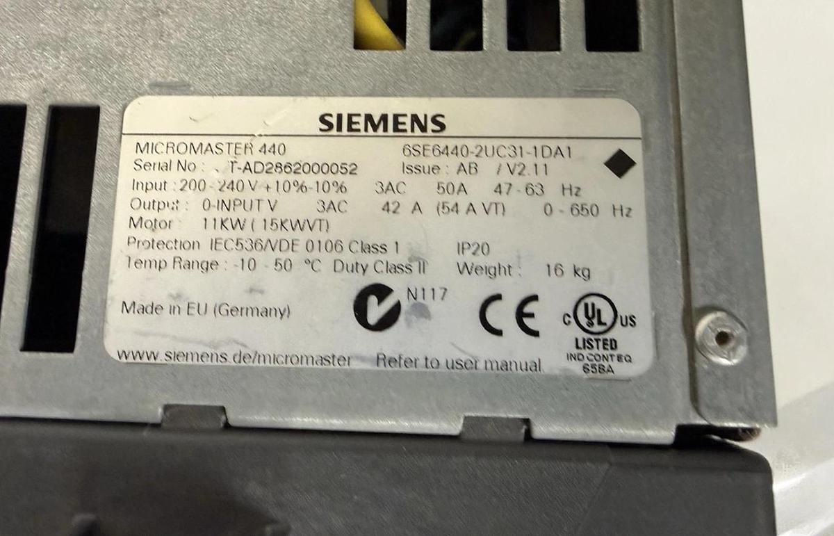 Used SIEMENS 6SE6440-2UC31-1DA1 Micromaster 440 42A 0-650Hz Inverter Drive