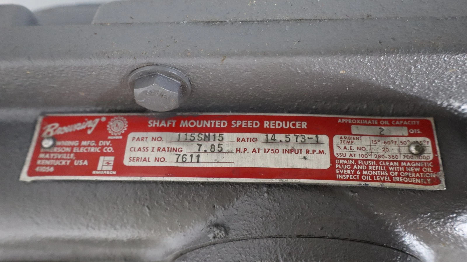 BROWNING Shaft Mounted Speed Reducer Gear Box 115SM15 14.573:1 (NOS)