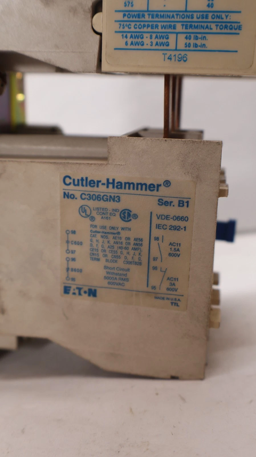 Used Cutler-Hammer Eaton Starter CE15HN3 C306GN3 660V 60A 60 Amp 120v Coil H2014B