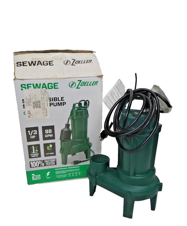 Used Zoeller Submersable Sewage Pump 1261-0001 1261 Rev A 1/3hp 115v 1P 8.4A 2" NPT