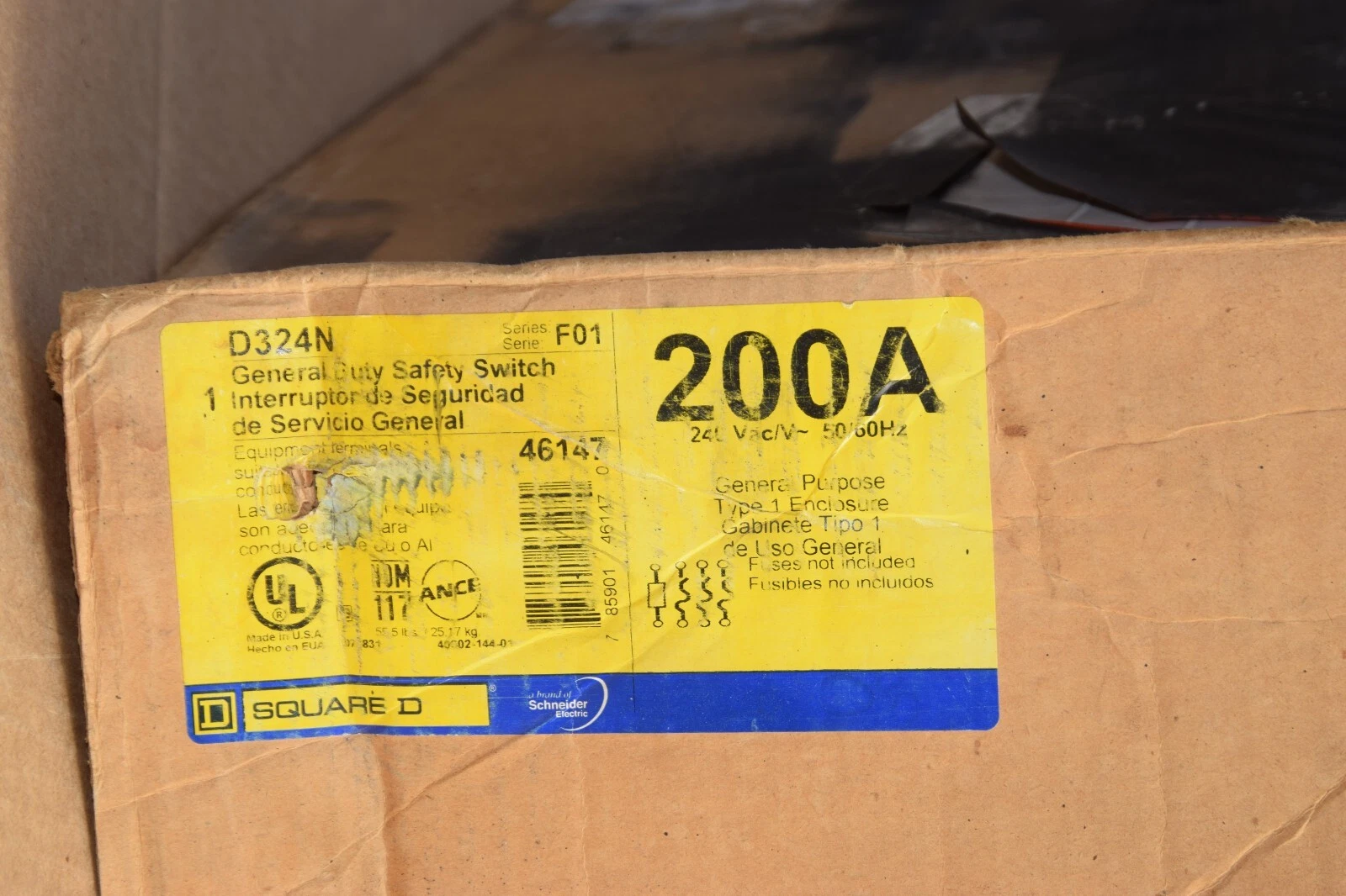 (NEW) SQUARE D D324N 200A 200 Amp Ser F01 General Duty Safety Switch