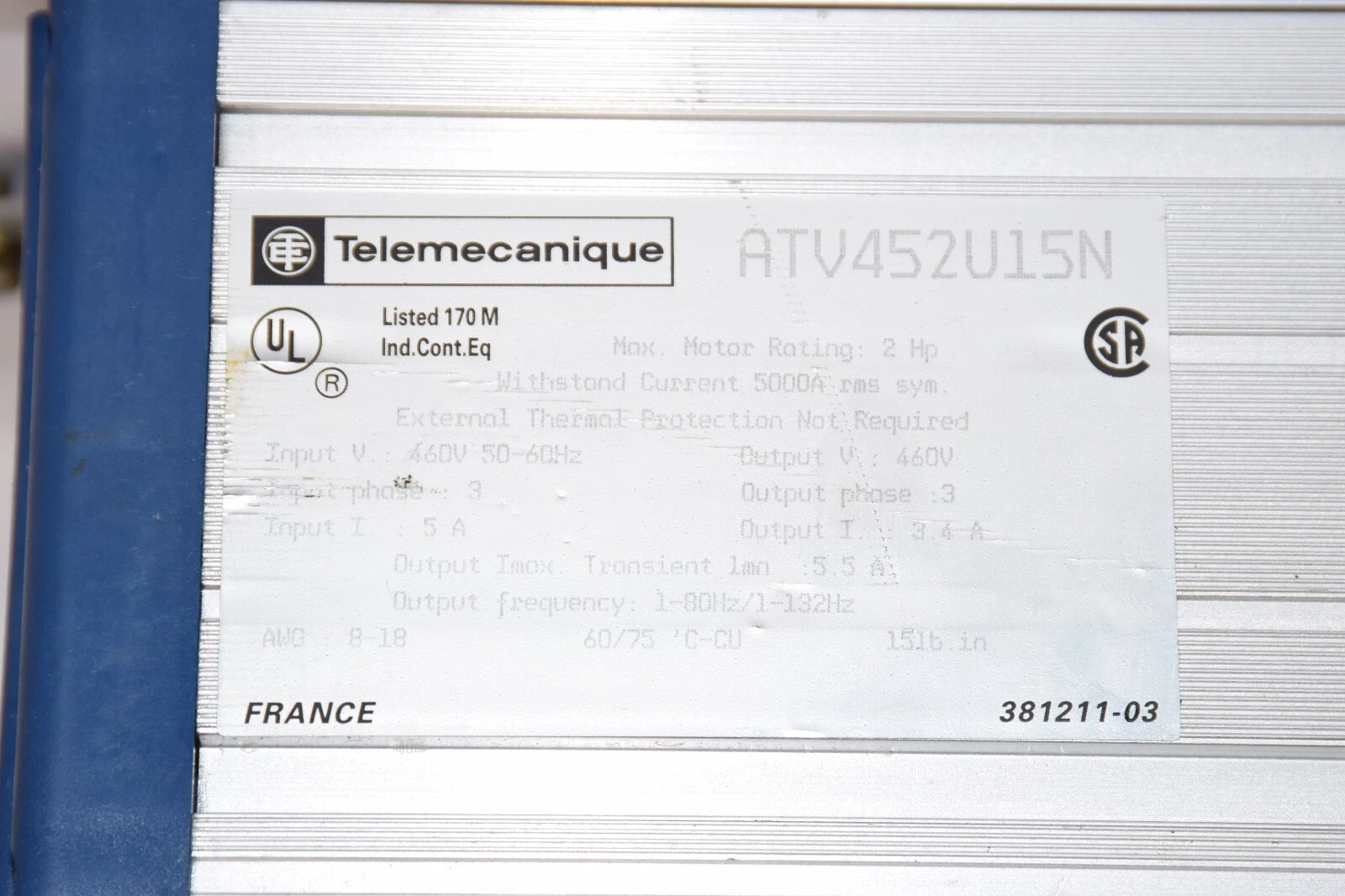 Used TELEMECANIQUE ATV452U15N ALTIVAR 5 2HP Drive SERIE 45 2