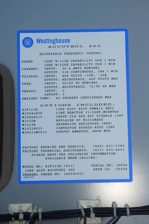 Used Westinghouse Accutrol 200 Adjustable Frequency Control A2T152B-10117 15hp 460v