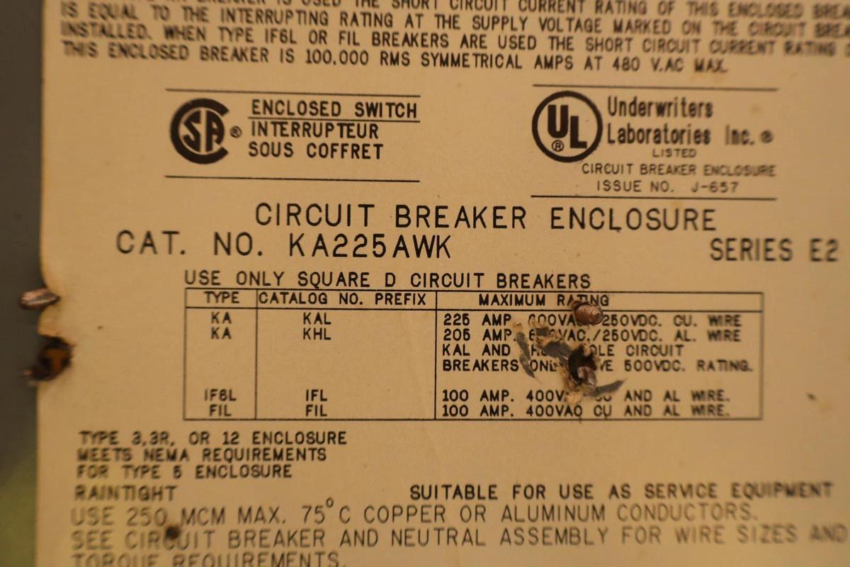 Used Square D Enclosed Circuit Breaker KA225AWK w/ Breaker KHL361251021 125A 125 Amp