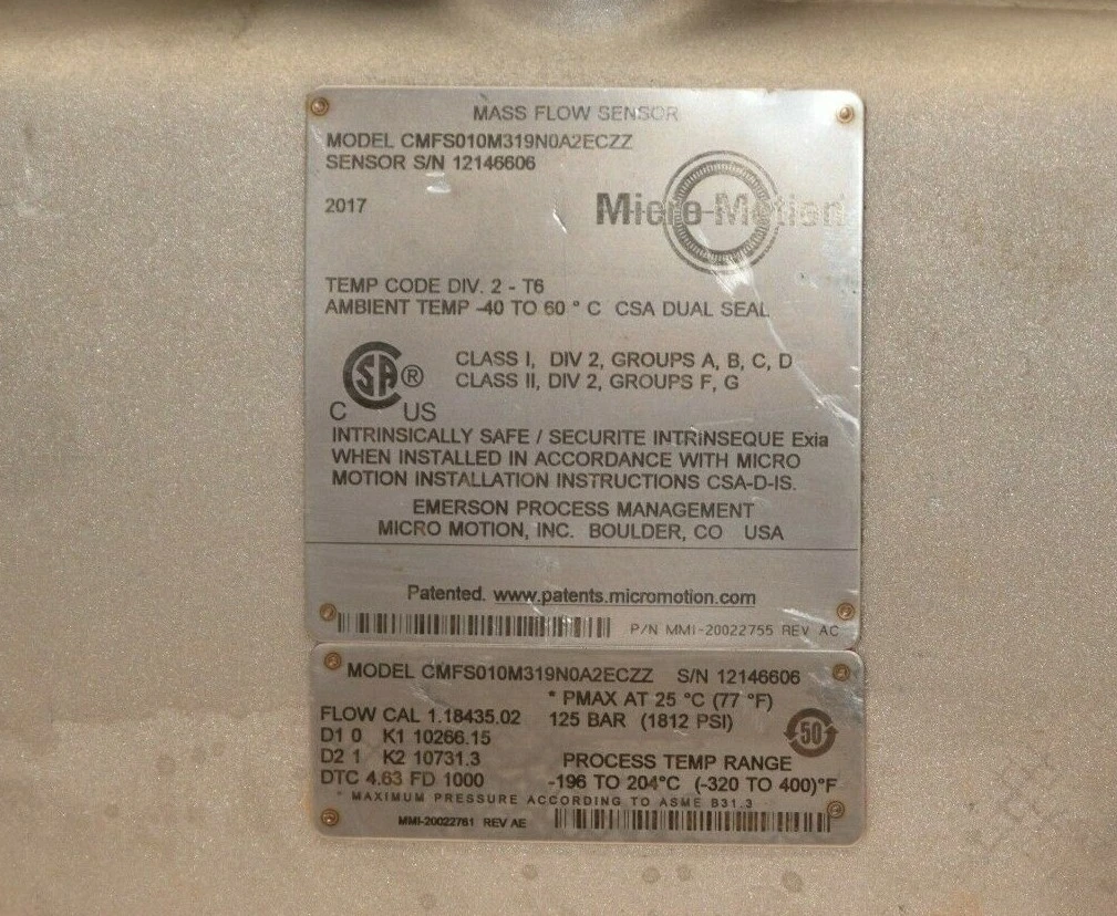 Used Micro Motion 2400SIA11B2EZZZ Mass Flow Transmitter Sensor CMFS010M319N0A2ECZZ