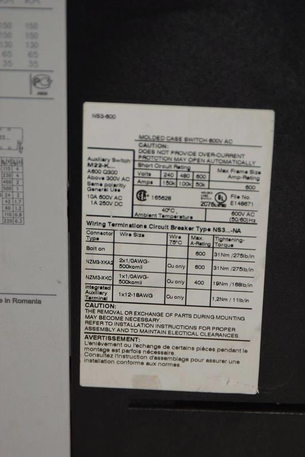 Used Eaton Moeller NS3-600-NA Molded Case Disconnect Switch 600A 600V NZM2/3-XAHIV